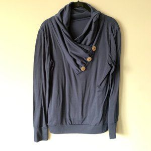 Long Sleeve Top - Navy Blue Cowl / Scoop Neck with Buttons